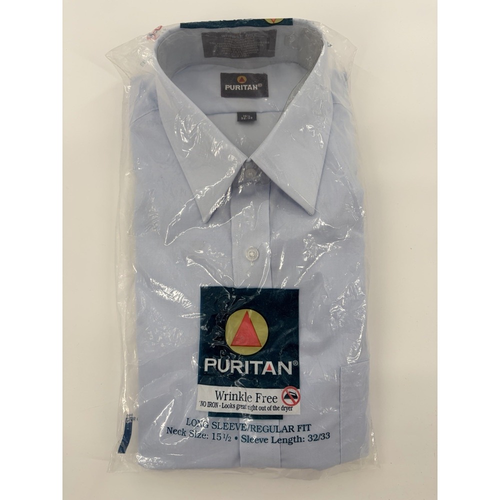 NOS Puritan Men's Dress Shirt 15.5 32/33 Light Blue Wrinkle Free Long Sleeve